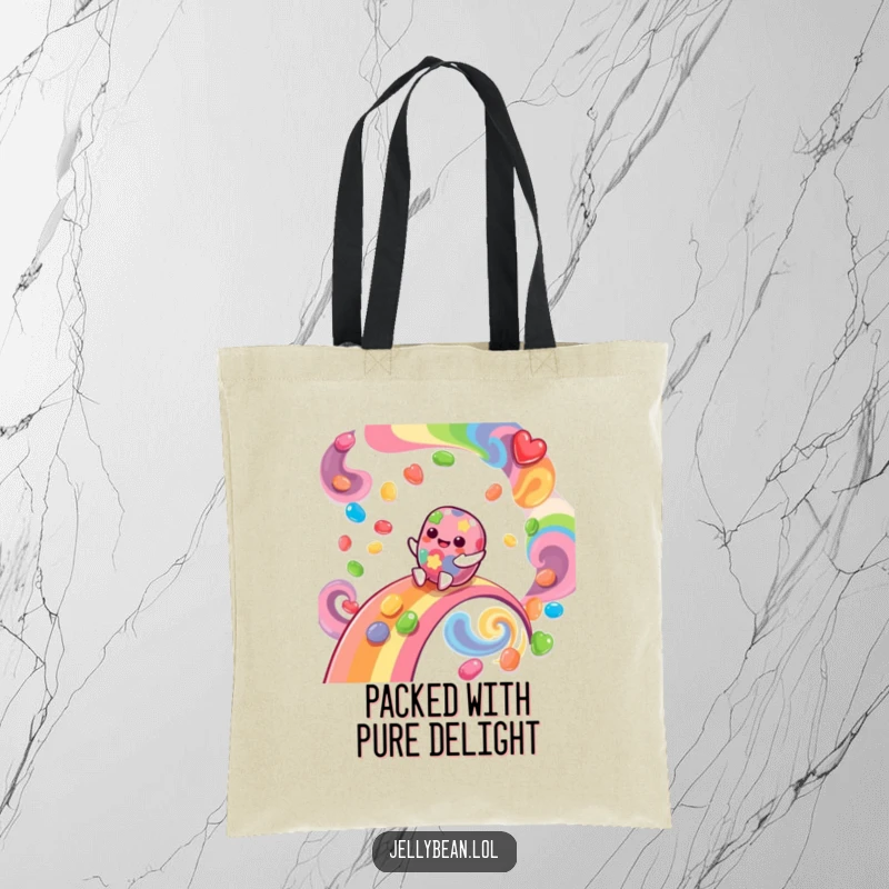 Funny Tote Bag with a giggling jelly bean character sliding down a rainbow of swirling flavors, perfect for carrying essentials with joy.