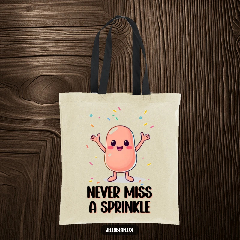 Funny tote bag displaying an anthropomorphic jelly bean in a playful pose, arms out to catch a cascade of colorful sprinkles, a sweet design.