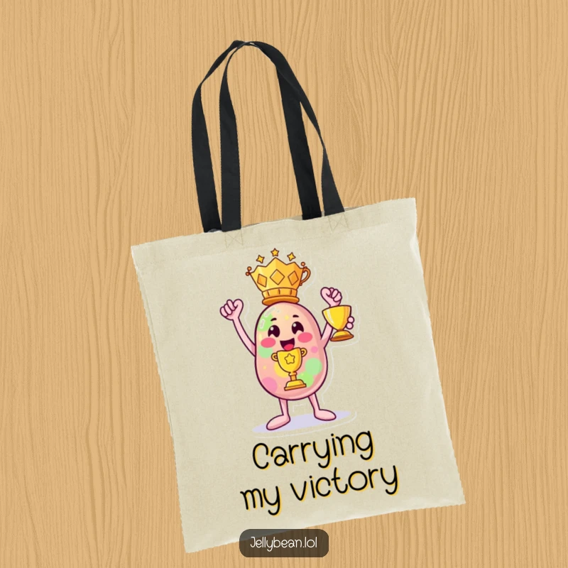 Funny tote bag: A jelly bean character triumphantly holds a trophy, perfect for carrying essentials with a winning attitude.