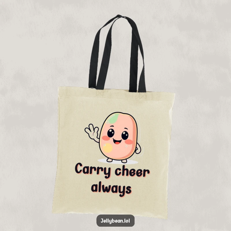 Funny jelly bean tote bag featuring a jolly character giving a friendly wave, a humorous and practical accessory for carrying essentials, a great funny gift.