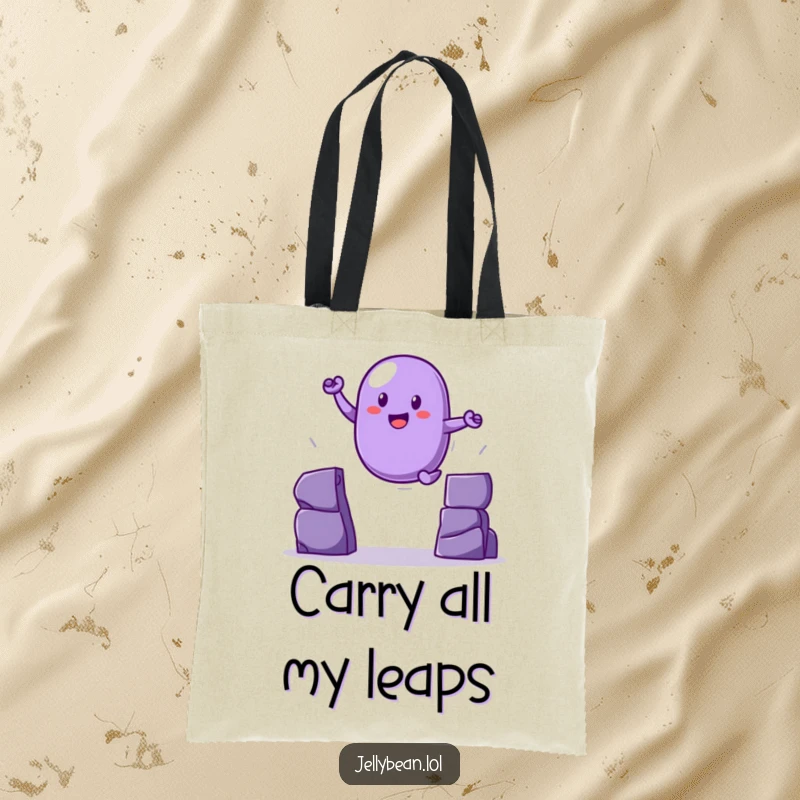 Funny purple jelly bean tote bag leaping dynamically over a gap, a functional and funny gift.