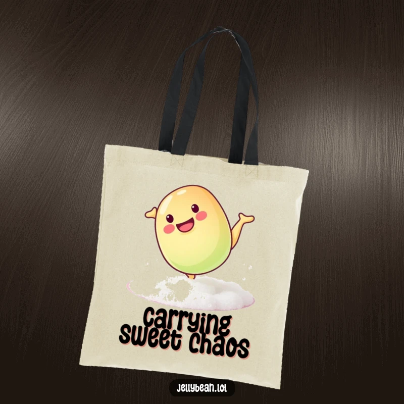 Funny tote bag with a mischievous jelly bean doing a playful somersault on sugar, showcasing sweet mischief.