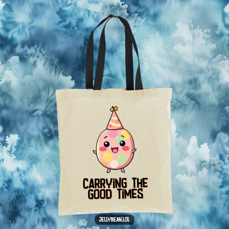 Funny jelly bean tote bag featuring a delighted character in a party hat, ready for adventure, a practical and humorous accessory, great funny gift.