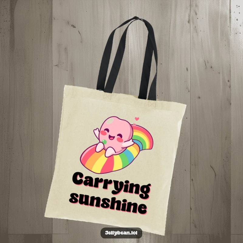 Funny jelly bean character sliding down a vibrant rainbow on a tote bag, symbolizing happiness and adventure.