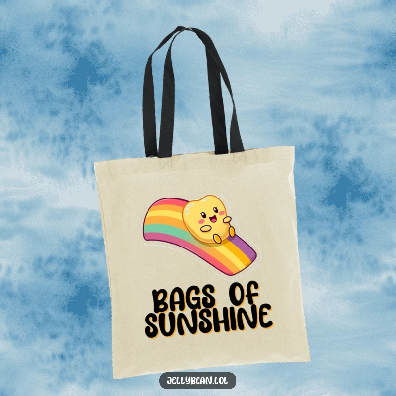 Funny tote bag showcasing an anthropomorphic jelly bean character playfully sliding down a bright, magical rainbow.