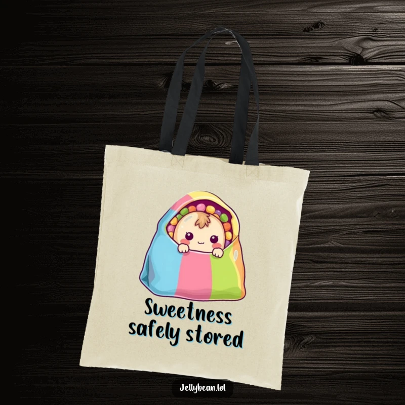 Funny Tote Bag: A shy jelly bean character peeks from a colorful bag, perfect for carrying goodies with cute flair.
