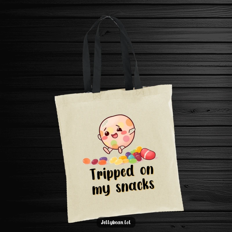 Funny Tote Bag with a jelly bean character slipping on scattered candy, perfect for carrying items with a comical twist.