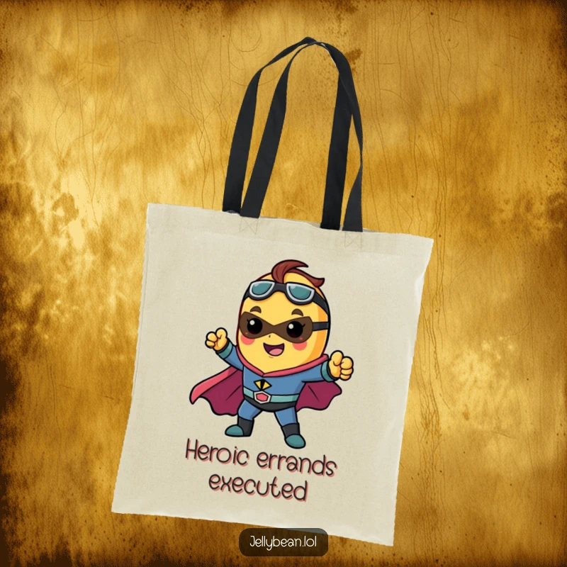 Funny tote bag featuring a jelly bean character as a superhero, striking a dynamic pose, perfect for carrying daily items.