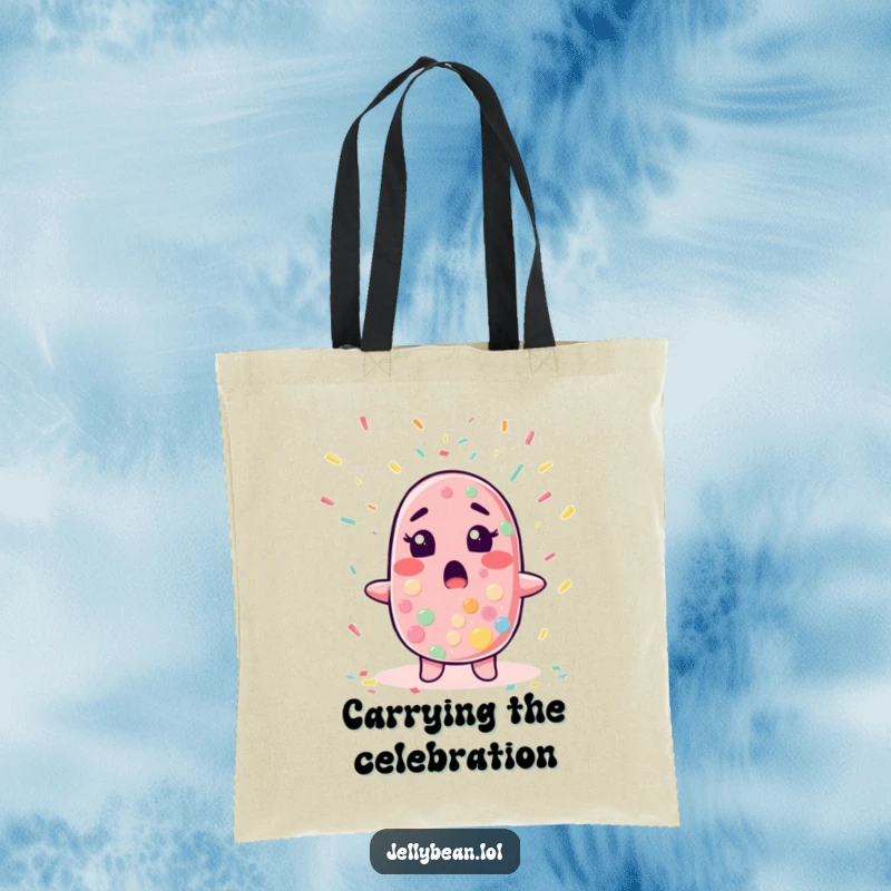 Funny tote bag featuring a jelly bean character looking surprised amidst falling confetti, perfect for carrying party supplies.