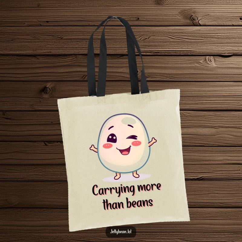 Funny tote bag featuring a mischievous jelly bean character winking, ideal for carrying groceries or daily items with a playful flair.