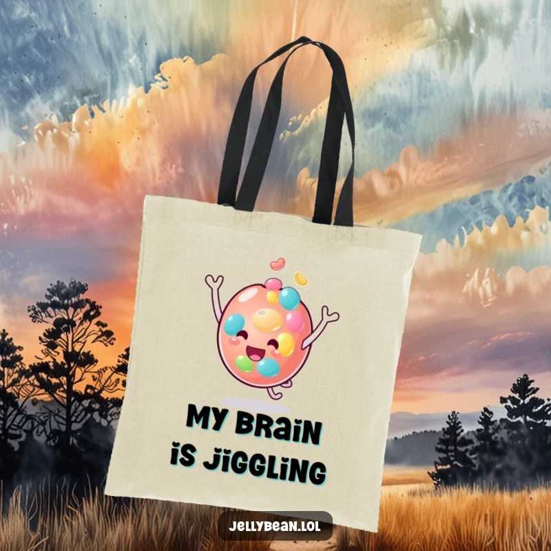 Funny tote bag featuring an anthropomorphic jelly bean character in a joyful head-bouncing pose, perfect for carrying groceries or essentials with humor.