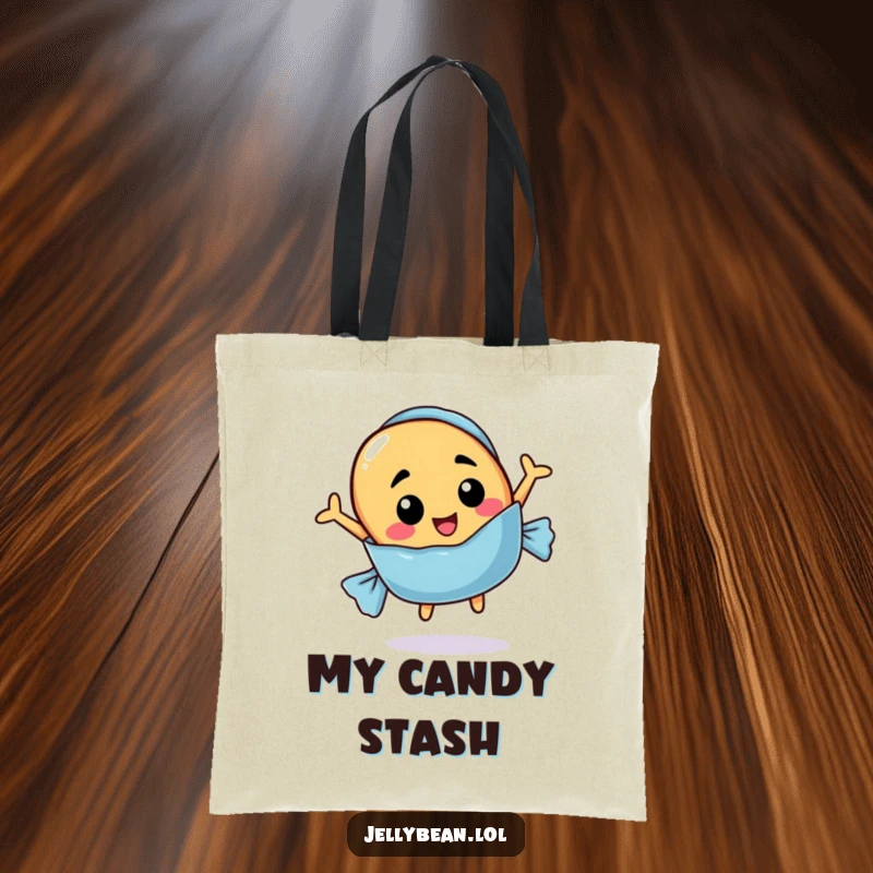 Funny tote bag with a jelly bean character with a funny face jumping out of a candy wrapper, a sweet accessory.