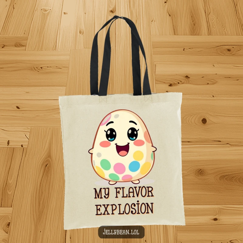 Funny Tote Bag: A jelly bean character with a huge smile explodes with flavor, ready to carry your items with energetic, humorous flair.