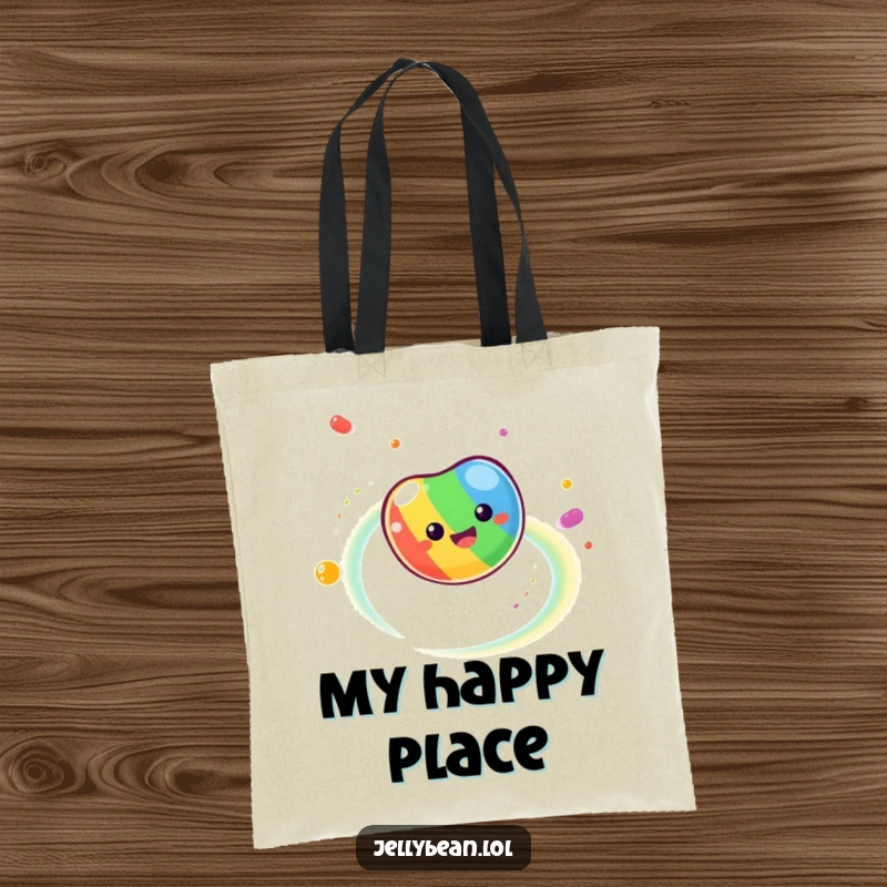 Funny Tote Bag features a dizzy jelly bean in motion, creating an impressive trail of rainbow colors, perfect for a vibrant carry-all.