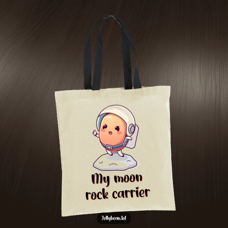 Funny tote bag with a determined jelly bean astronaut attempting a bounce on the moon, showcasing space adventure humor.