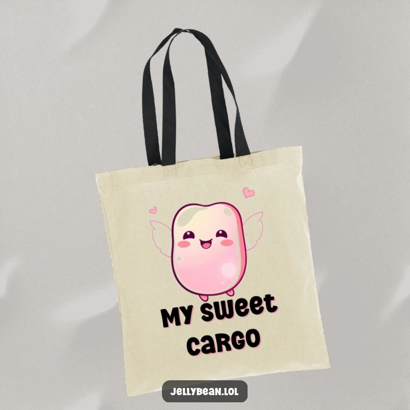 Funny tote bag showing a jubilant jelly bean with tiny wings joyfully fluttering, a sweet and portable design.