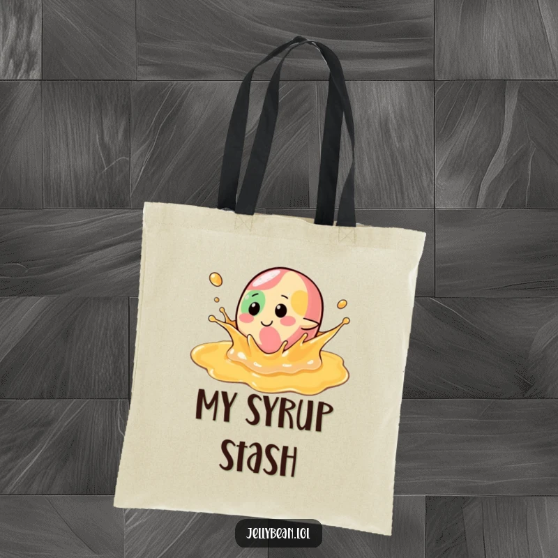 Funny Tote Bag: A jelly bean character makes a joyous splash in a pool of syrup, perfect for carrying your items with sweet flair.