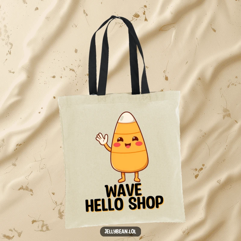 Funny Candy Corn Tote Bag with a cute character waving hello, perfect for carrying essentials with a friendly touch.